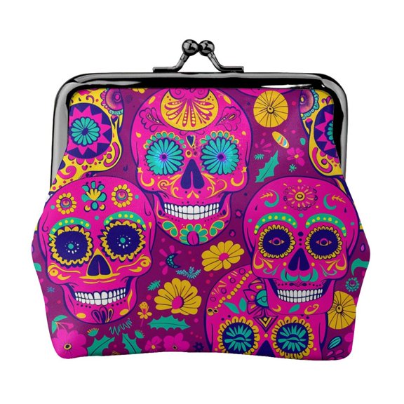 Lady Leather Wallet Zero 4.13 X 4.52 In Three-Dimensional Buckle Design Small Portable Easy Opening And Closing Festive Sugar Skulls (8)
