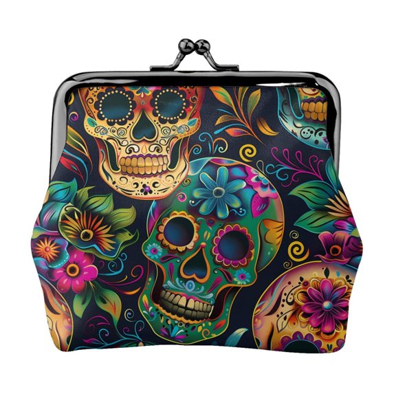 Lady Leather Wallet Zero 4.13 X 4.52 In Three-Dimensional Buckle Design Small Portable Easy Opening And Closing Festive Sugar Skulls (9)
