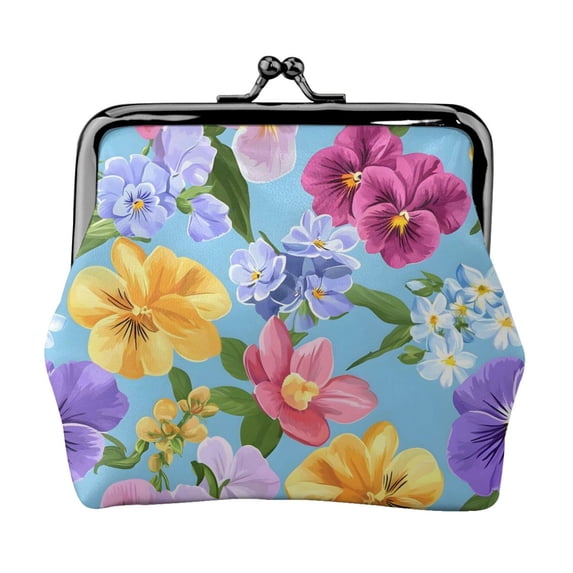 Lady Leather Wallet Zero 4.13 X 4.52 In Three-Dimensional Buckle Design Small Portable Easy Opening And Closing Flowers Against A Blue Background