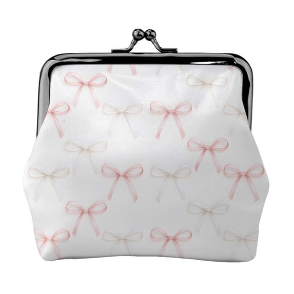 Lady Leather Wallet Zero 4.13 X 4.52 In Three-Dimensional Buckle Design Small Portable Easy Opening And Closing Pink And White Bow Tie