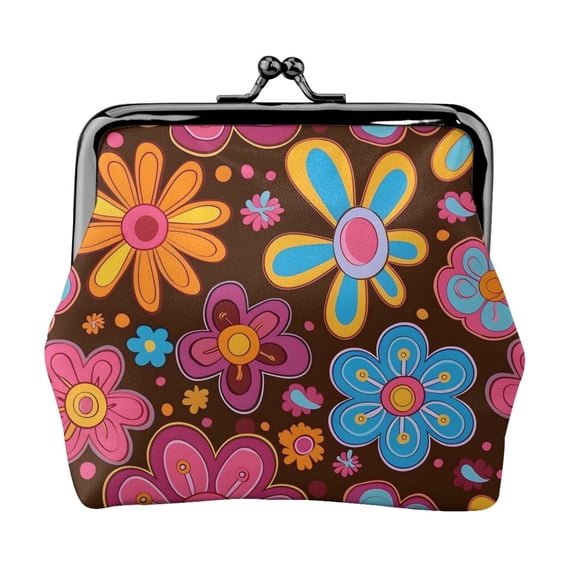 Lady Leather Wallet Zero 4.13 X 4.52 In Three-Dimensional Buckle Design Small Portable Easy Opening And Closing Retro Groovy Flowers Pattern (8)