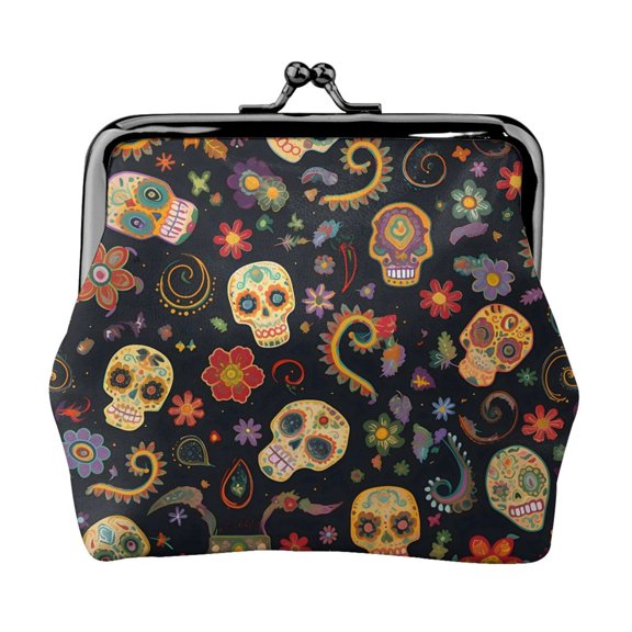 Lady Leather Wallet Zero 4.13 X 4.52 In Three-Dimensional Buckle Design Small Portable Easy Opening And Closing Retro Skull Head Flower
