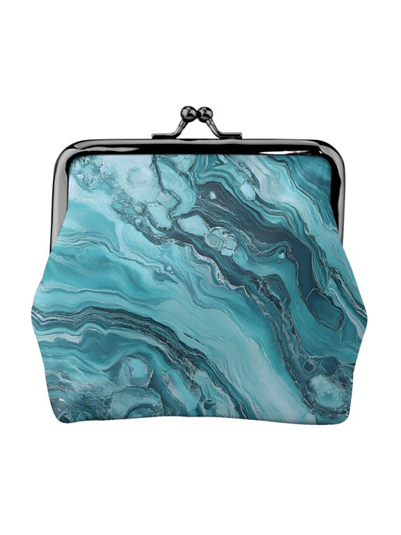 Lady Leather Wallet Zero 4.13 X 4.52 In Three-Dimensional Buckle Design Small Portable Easy Opening And Closing Teal Marble_1