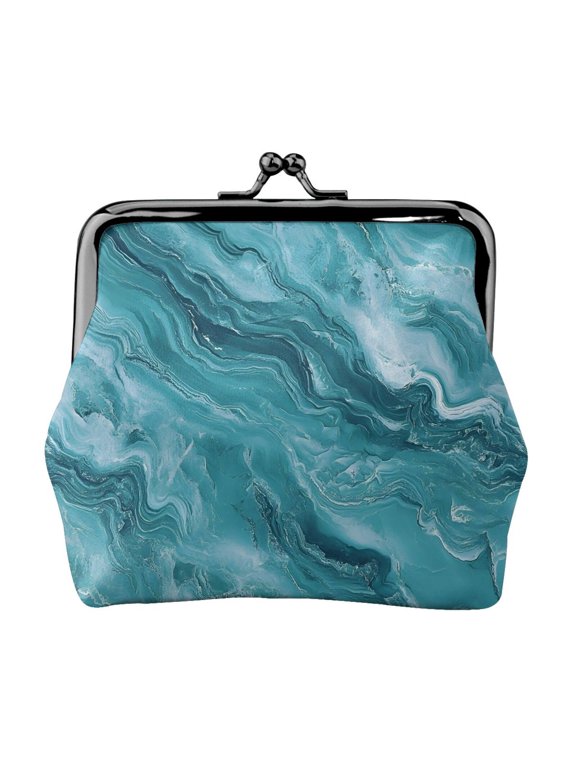 Lady Leather Wallet Zero 4.13 X 4.52 In Three-Dimensional Buckle Design Small Portable Easy Opening And Closing Teal Marble_3