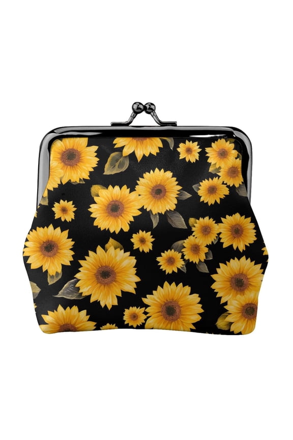 Lady Leather Wallet Zero 4.13 X 4.52 In Three-Dimensional Buckle Design Small Portable Easy Opening And Closing Yellow Sunflowers Black Background