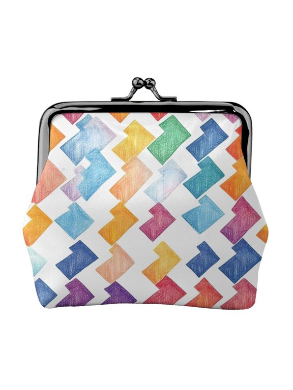 Lady Leather Wallet Zero 4.13 X 4.52 In Three-Dimensional Buckle Design Small Portable Easy Opening And Closing Aliceblue Colorful Houndstooth Hand-Drawn Sketch_4