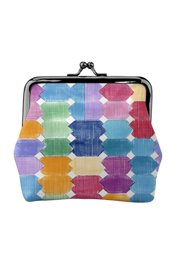 Lady Leather Wallet Zero 4.13 X 4.52 In Three-Dimensional Buckle Design Small Portable Easy Opening And Closing Aliceblue Colorful Houndstooth Hand-Drawn Sketch_1