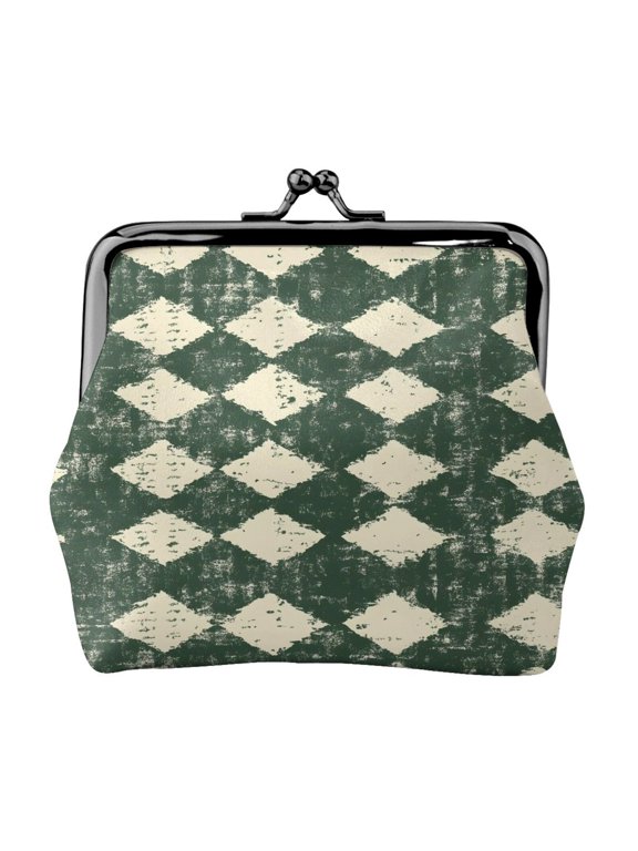 Lady Leather Wallet Zero 4.13 X 4.52 In Three-Dimensional Buckle Design Small Portable Easy Opening And Closing Green Houndstooth Vintage Texture Hand-Drawn Sketch_2
