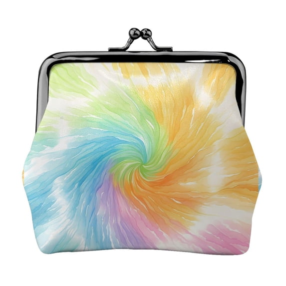 Lady Leather Wallet Zero 4.13 X 4.52 In Three-Dimensional Buckle Design Small Portable Easy Opening And Closing Lightgreen Tie Dye Background Rainbow Colors