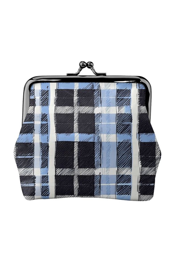 Lady Leather Wallet Zero 4.13 X 4.52 In Three-Dimensional Buckle Design Small Portable Easy Opening And Closing Mediumblue Houndstooth Buffalo Plaid Tartan Check Scotland Hand-Drawn Sketch_3