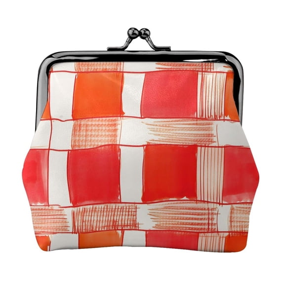 Lady Leather Wallet Zero 4.13 X 4.52 In Three-Dimensional Buckle Design Small Portable Easy Opening And Closing Orangered Houndstooth Checkered Hand-Drawn Sketch_1