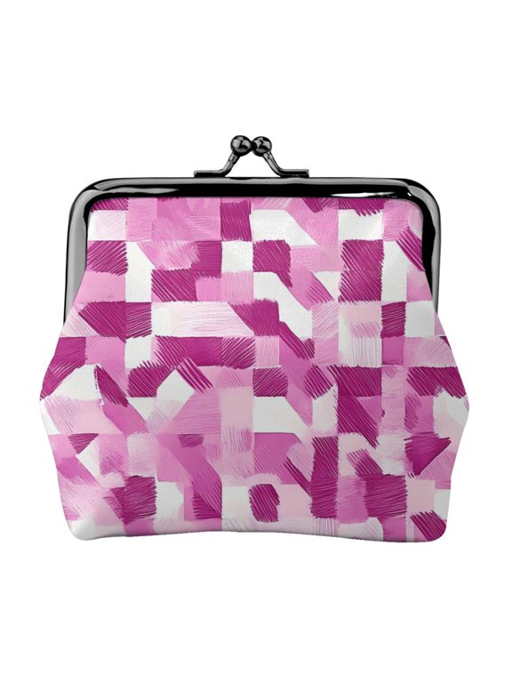 Lady Leather Wallet Zero 4.13 X 4.52 In Three-Dimensional Buckle Design Small Portable Easy Opening And Closing Pink Abstract Houndstooth Hand-Drawn Sketch_3