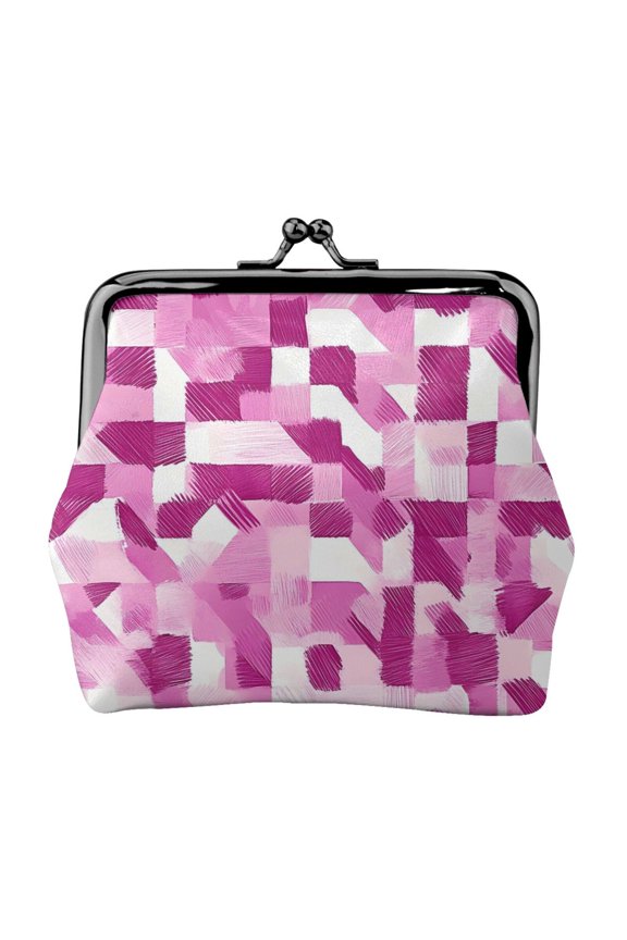 Lady Leather Wallet Zero 4.13 X 4.52 In Three-Dimensional Buckle Design Small Portable Easy Opening And Closing Pink Abstract Houndstooth Hand-Drawn Sketch_3