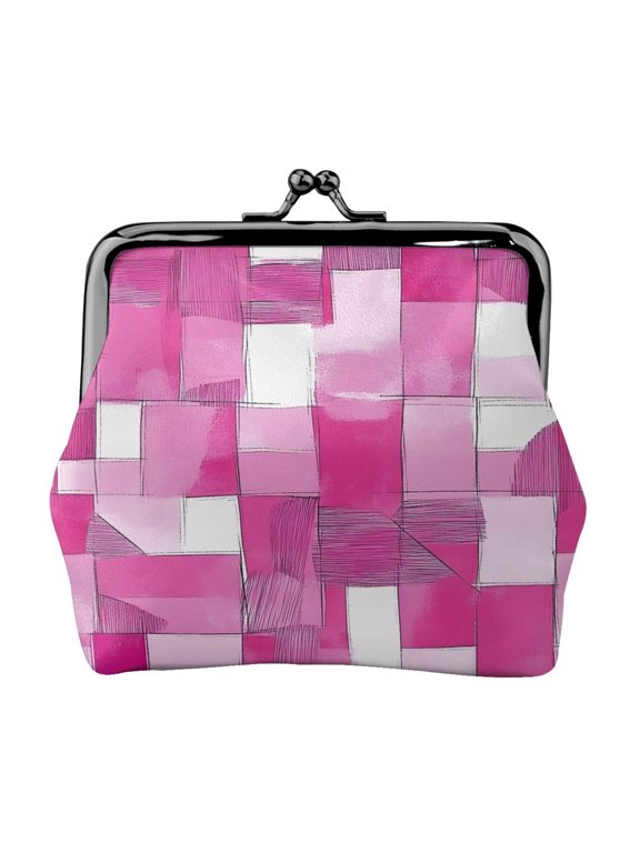 Lady Leather Wallet Zero 4.13 X 4.52 In Three-Dimensional Buckle Design Small Portable Easy Opening And Closing Pink Abstract Houndstooth Hand-Drawn Sketch_2