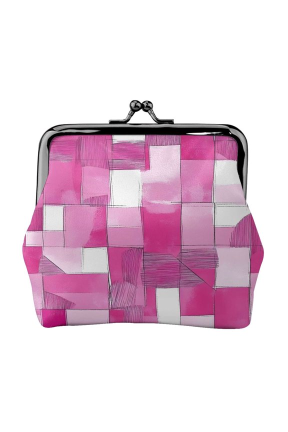 Lady Leather Wallet Zero 4.13 X 4.52 In Three-Dimensional Buckle Design Small Portable Easy Opening And Closing Pink Abstract Houndstooth Hand-Drawn Sketch_2