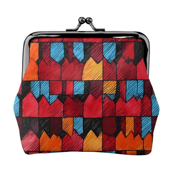 Lady Leather Wallet Zero 4.13 X 4.52 In Three-Dimensional Buckle Design Small Portable Easy Opening And Closing Red Colorful Houndstooth Hand-Drawn Sketch_1