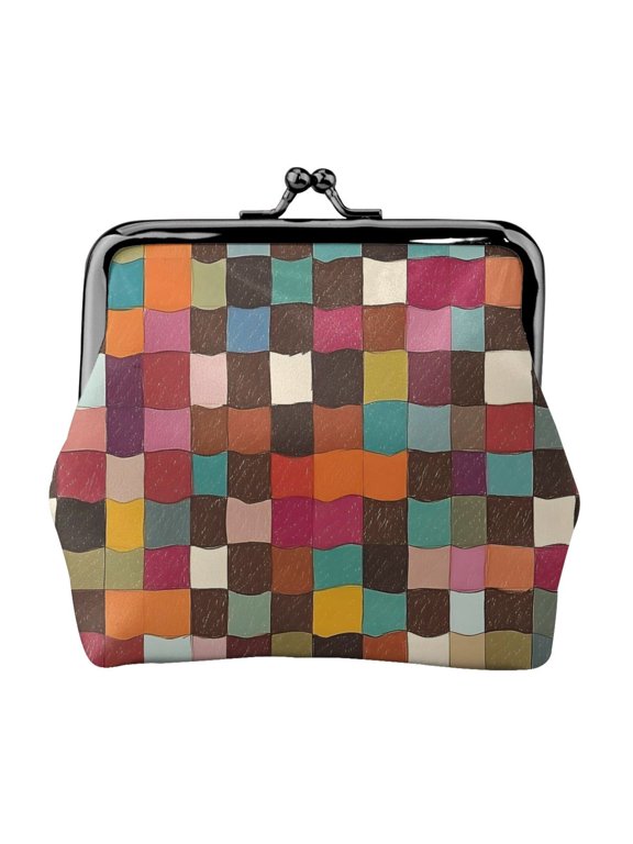 Lady Leather Wallet Zero 4.13 X 4.52 In Three-Dimensional Buckle Design Small Portable Easy Opening And Closing Saddlebrown Colorful Houndstooth Hand-Drawn Sketch_4