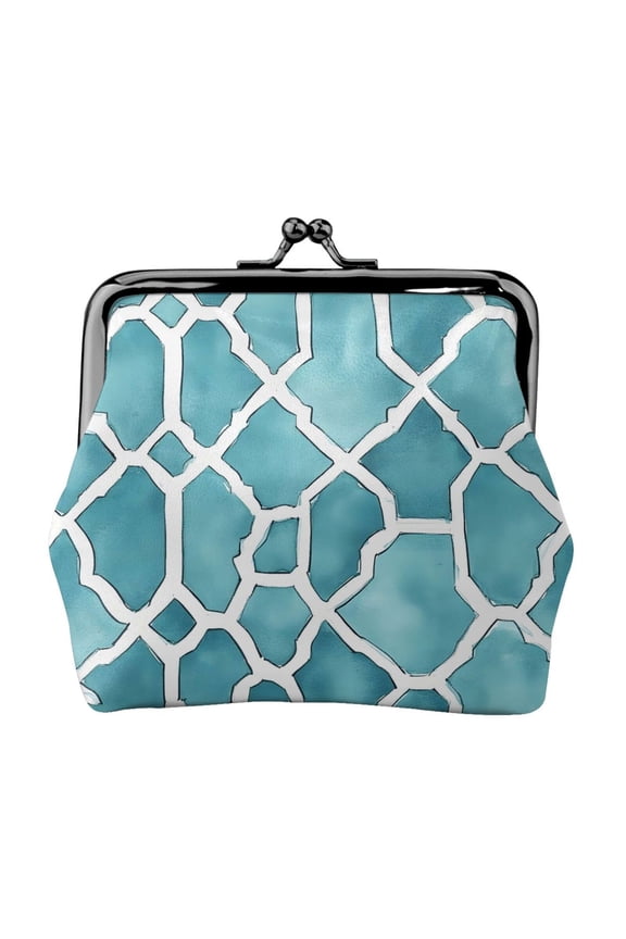 Lady Leather Wallet Zero 4.13 X 4.52 In Three-Dimensional Buckle Design Small Portable Easy Opening And Closing Turquoise Moroccan Trellis Hand-Drawn Sketch_62922_1