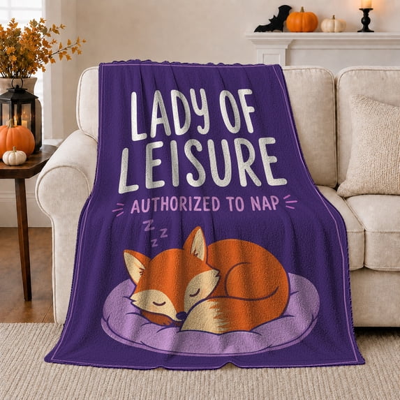 Lady Of Leisure Authorized Nap Funny Fox Design, Festive autumn celebration Scene, Warm Flannel Blanket for Living Room and Reading Nook, Art Lovers autumn celebration Gift, Festive Home Decor