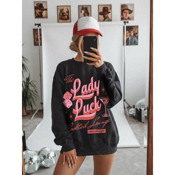 Lady Luck Cocktail Lounge Sweatshirt Vintage Lucky Girl Aesthetic Trendy Western Grunge 8 Ball Martini Top Edgy Cowgirl Crewneck Vegas Trip Tshirt All Size S-5XL