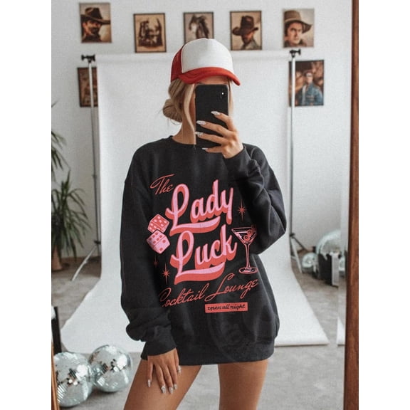 Lady Luck Cocktail Lounge Sweatshirt Vintage Lucky Girl Aesthetic Trendy Western Grunge 8 Ball Martini Top Edgy Cowgirl Crewneck Vegas Trip Tshirt All Size S-5XL