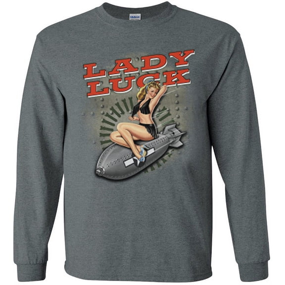 Lady Luck Pin Up Girl T-shirt Men's Long Sleeve Tee Gray