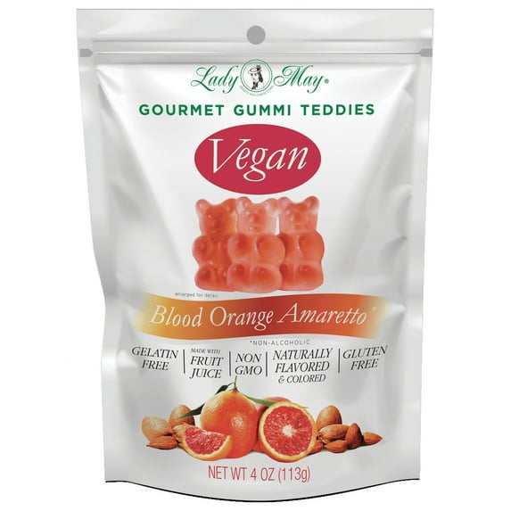 Lady May Gourmet Blood Orange Amaretto Flavored Gummy Bears, NON-GMO, Naturally Flavored, Gluten and Gelatin Free - Premium Vegan Gummies, 4 oz