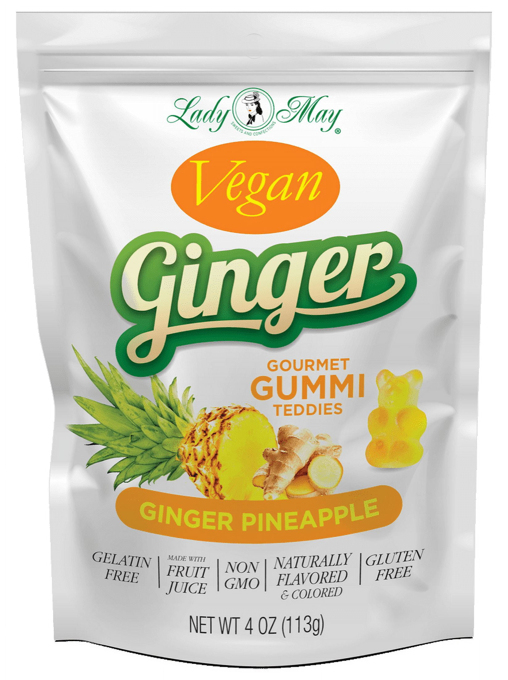 Lady May Sweets and Confections Lady May Gourmet Ginger Pineapple Flavored Gummy Bears, NON-GMO, Naturally Flavored, Gluten and Gelatin Free - Premium Vegan Gummies, 4 oz