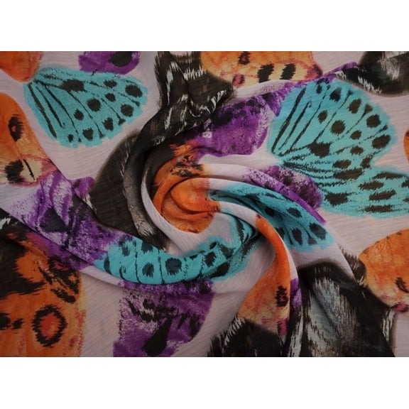 Lady McElroy Crinkle Sheer Chiffon Fabric, Multicolor Butterflie Print for Dressmaking, 57" Wide, By the Yard