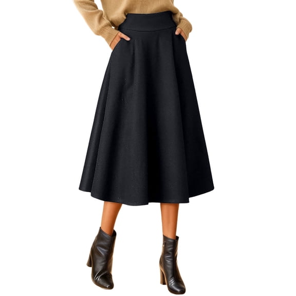 Lady Midi Skirt Autumn Winter Elastic Waist Large Hem Side Pockets Korean Style Solid Color A Line Long Skirt Black XXL