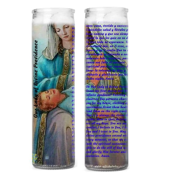 Our Lady Mother of Divine Providence Nuestra Señora de la Divina Providencia Set of 2 Glass Candles Veladoras Regalo Católico 8 Inch Unscented Novena Candle