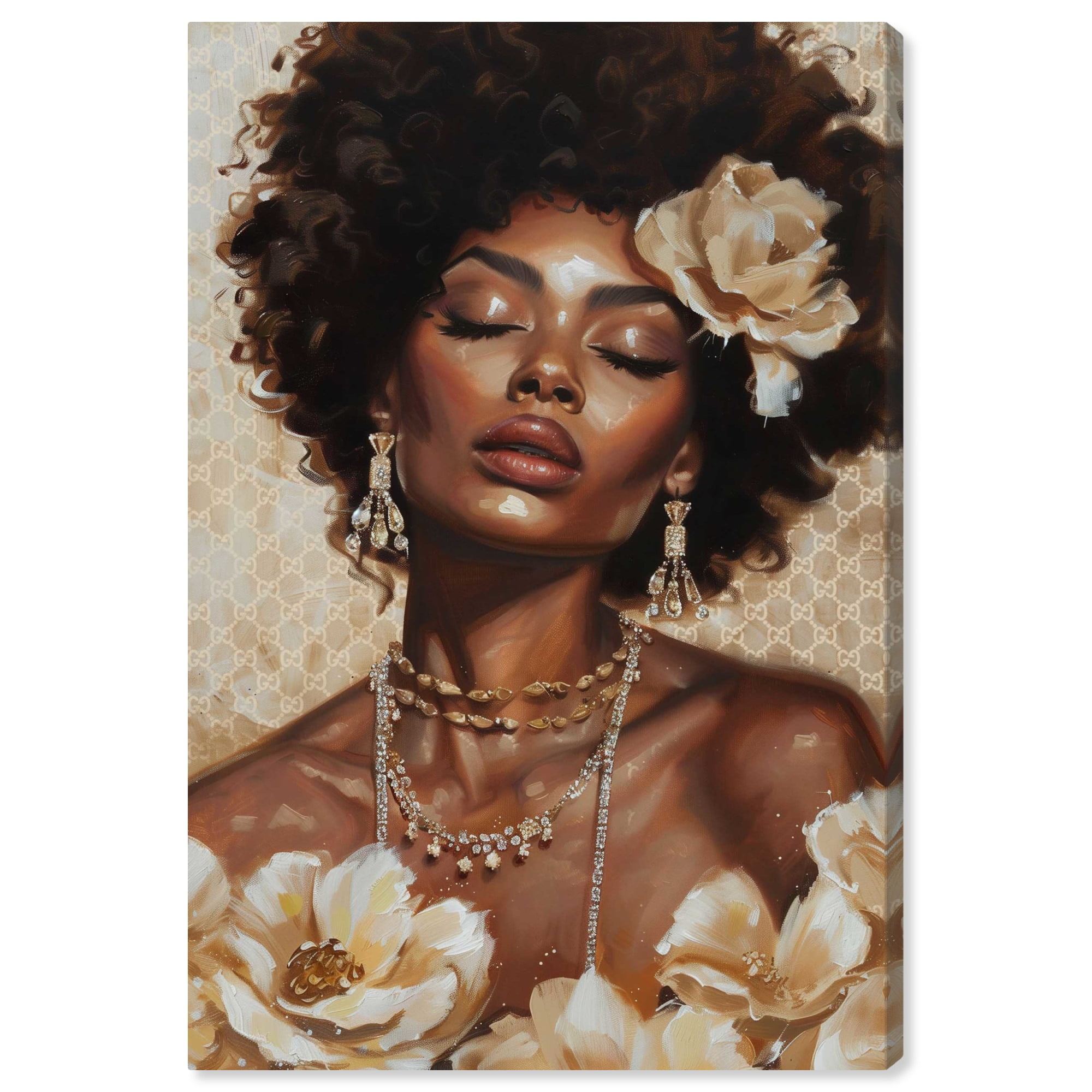 Lady of Taupe Canvas Glam Women Art with Floral Accents