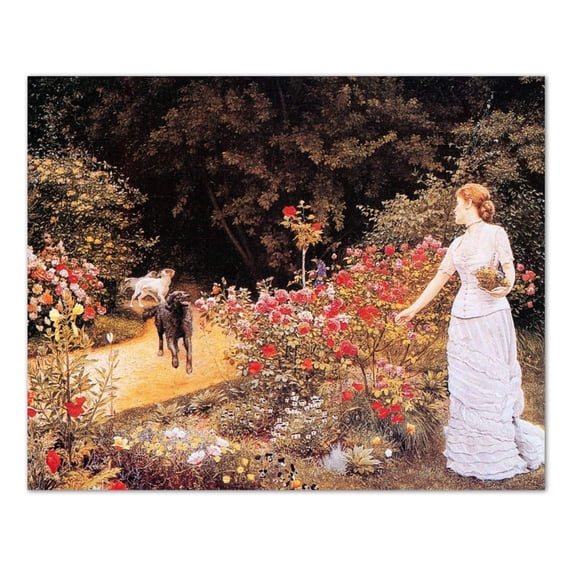 Lady Picking Flowers in Garden with Her Dogs Wall Picture 8x10 Art Print