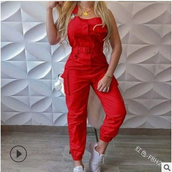 Lady Pink Jumpsuits Casual Sleeveless Polyester Ankle Tied Cargo Jumpsuits for Working Overall Jumpsuits OUFY-689 (Red,5XL)