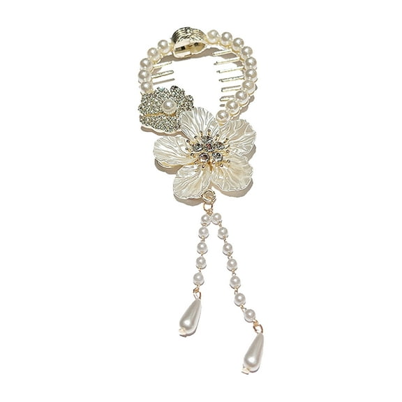 Lady Ponytail Claw Flower Long Tassel Camellia Faux Pearl Shiny Hair Decoration with Teeth Anti-break Anti-slip Hair Clip Hair Accessories