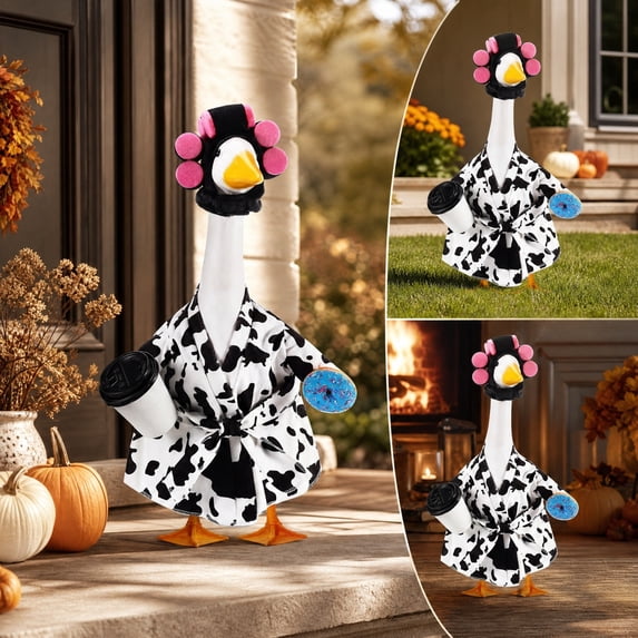 Lady Porch Goose Outfit for 23'' Cement Plastic Lawn Goose Statue Clothes Cow Pattern Bathrobe Coffee Cup Curlers for Outdoor Garden Yard Patio Decoration
