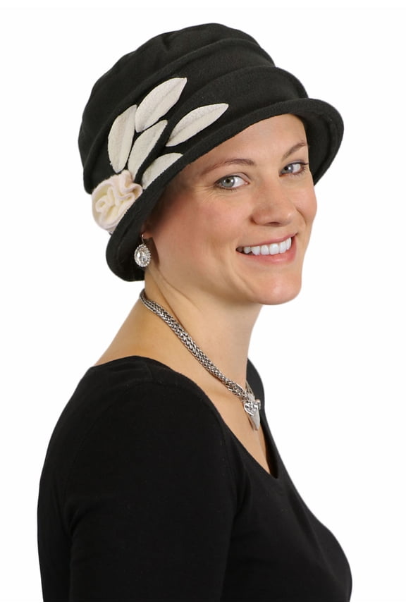 Lady Rose Fleece Flower Cloche Hat for Chemo & Cancer Patients (BLACK AND CREAM)