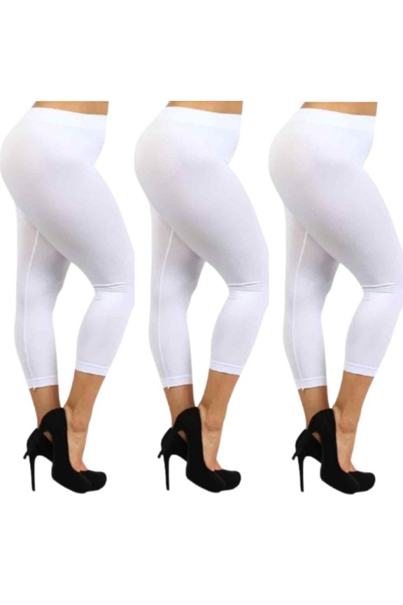 Lady Seamless Capri Leggings w/ High Wast Pants Tummy Control Workout Running 4 Way Stretch Yoga Leggings Plus Size - (White)