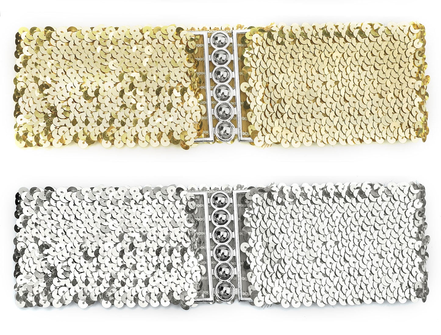 Lady Sequins Decor Metal Buckles Elastic Waist Belt 2-Pack Gold+Silver