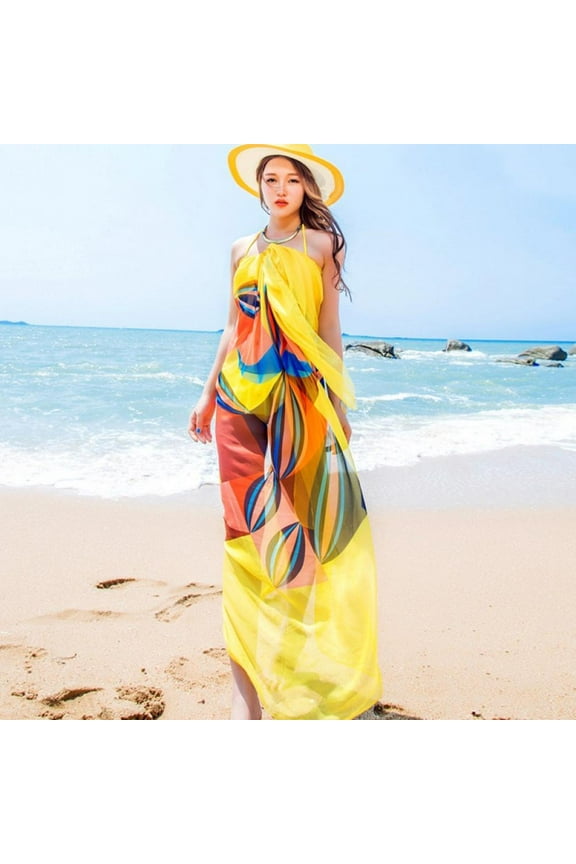 Lady Sexy Beach Chiffon Sarongs Hawaiian Swimsuit Cover-up Wraps Hibiscus Print Plus Size Swim Bikini Scarf