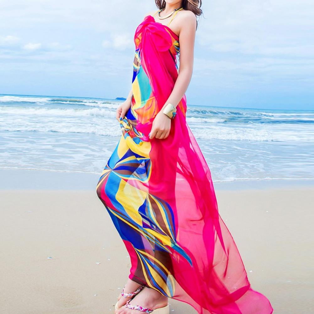 Lady Sexy Beach Chiffon Sarongs Hawaiian Swimsuit Cover-up Wraps Hibiscus  Print Plus Size Swim Bikini Scarf