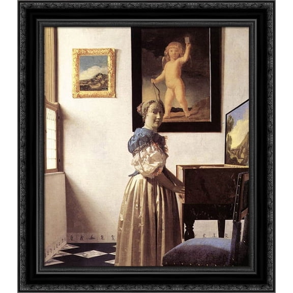 Lady Standing at a Virginal 20x22 Black Ornate Wood Framed Canvas Art by Vermeer, Johannes