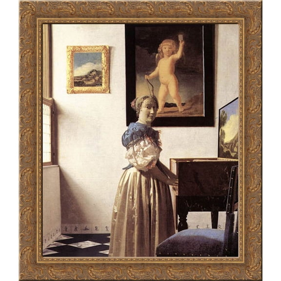 Lady Standing at a Virginal 20x22 Gold Ornate Wood Framed Canvas Art by Vermeer, Johannes