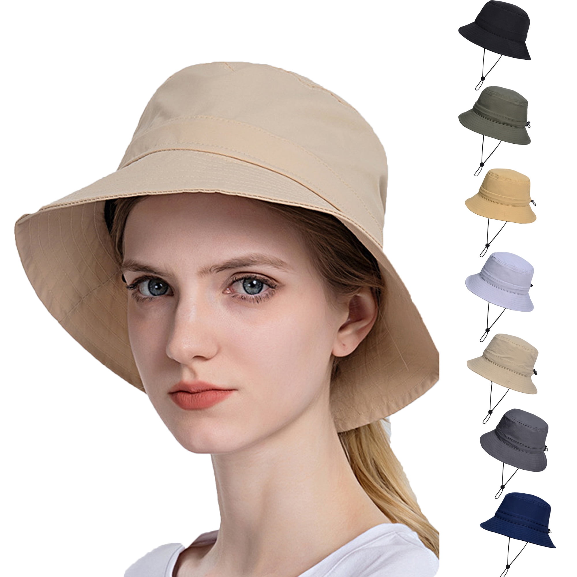 Lady Summer Bucket Hat Women Foldable Sun Protection Fisherman Hat with  Ponytail Hole,Beige 