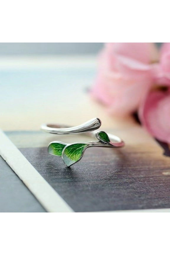 Unisex Adjustable Ring Electroplated Metal Enamel Branch Ring with Flower Design Unique Live Mouth Ring Blue and Green Fashion Jewelry