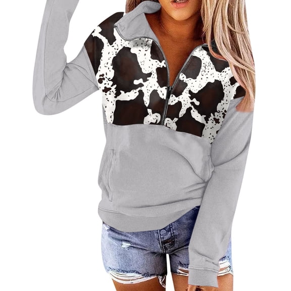 Lady Tops Fall Loose Fit Hooded Long Sleeve Kimono One Shoulder with Pocket Cow Print Leisure Cotton Hoodies Sweatshirts(Grey,XL)