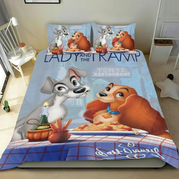 Lady and the Tramp Themed Bed Sheet Set Three Piece Set 53x79 In ches Comfortable And Skin Friendly Unique Design Creating A Star Studded Night Home Decor Gifts For Family Friends fans