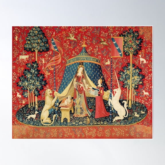 Lady And The Unicorn Desire ,Lion,Fantasy Flowers,Animals,Red Green Floral Tapestry Poster Wall Art, Modern Wall Decor For Living Room Bedroom, 8x12 UNFRAMED