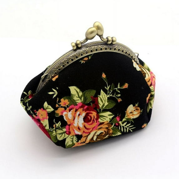 Lady Vintage Flower Mini Coin Purse Wallet Clutch bag(Black)