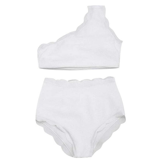 Lady Vintage High Waisted Swimsuit Two Scalloped Trim One Shoulder Bikini plus Size Bathing Suits for Women with Shorts Swimsuit Tops for Women Large Bust Board Shorts Women's Long Board Shorts